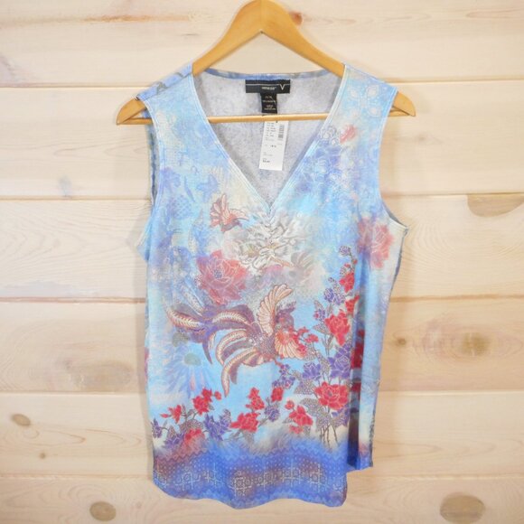 NWT Venezia Women's Size 14/16 Multicolored Sheer Tank Top V-neck Rooster Roses - Picture 1 of 11